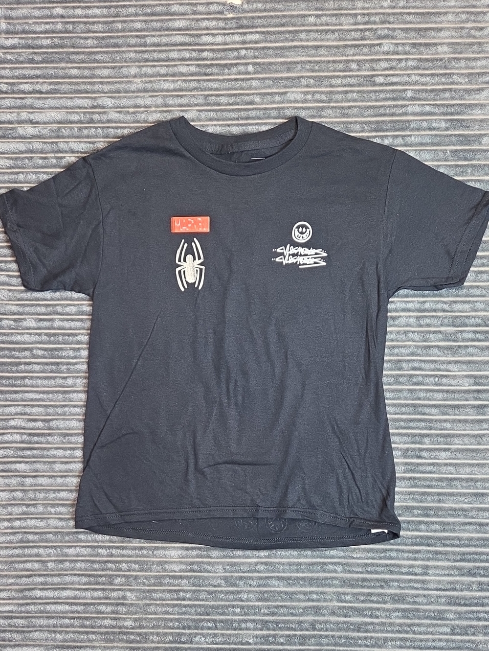 Marvel Black Short Sleeve Tee with White Spider Logo and Red Accent